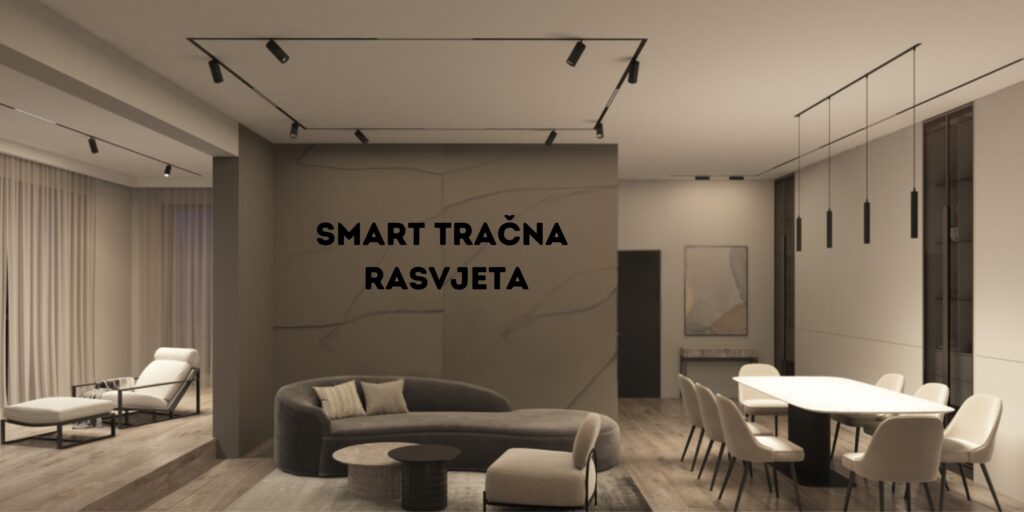 Moderni dnevni boravak osvijetljen tračnom smart rasvjetom, montiranom uz strop, s elegantnim i minimalističkim dizajnom.