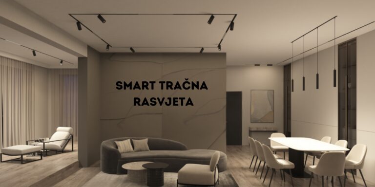 Moderni dnevni boravak osvijetljen tračnom smart rasvjetom, montiranom uz strop, s elegantnim i minimalističkim dizajnom.