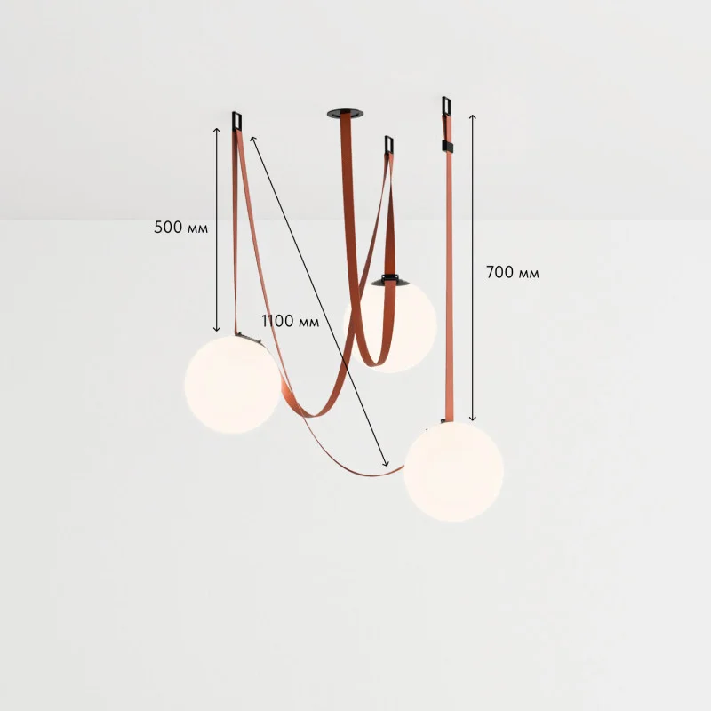 BELTY viseća rasvjeta s tri kuglaste lampe i prikazom dimenzija ovjesa.